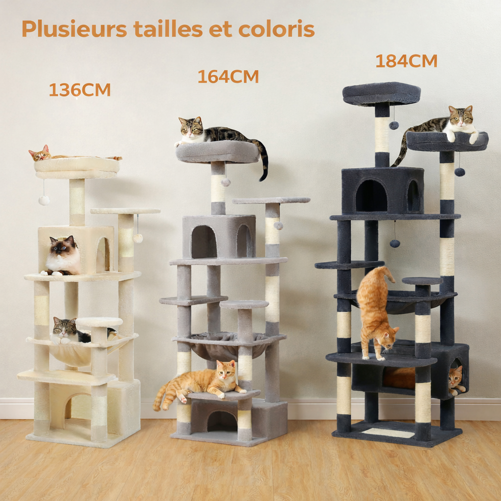 Arbre à Chat XXL Multi-Niveaux – Condo & Hamac – 136 à 184 cm