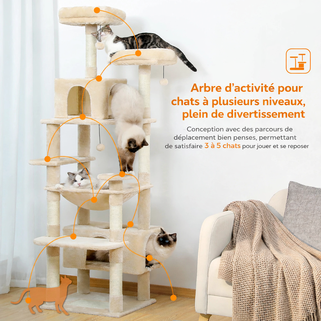Arbre à Chat XXL Multi-Niveaux – Condo & Hamac – 136 à 184 cm
