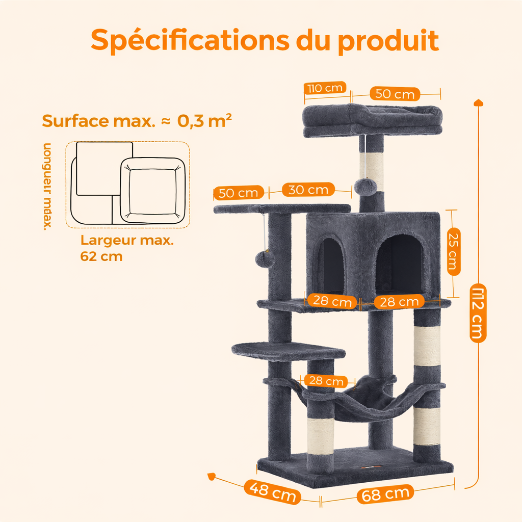 Arbre à Chat Multi-Niveaux – Niche Double & Hamac Suspendu