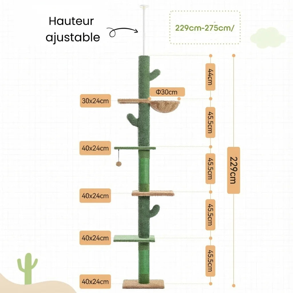 Arbre à Chat Cactus Sol-Plafond 5 Niveaux – 229 à 275 cm