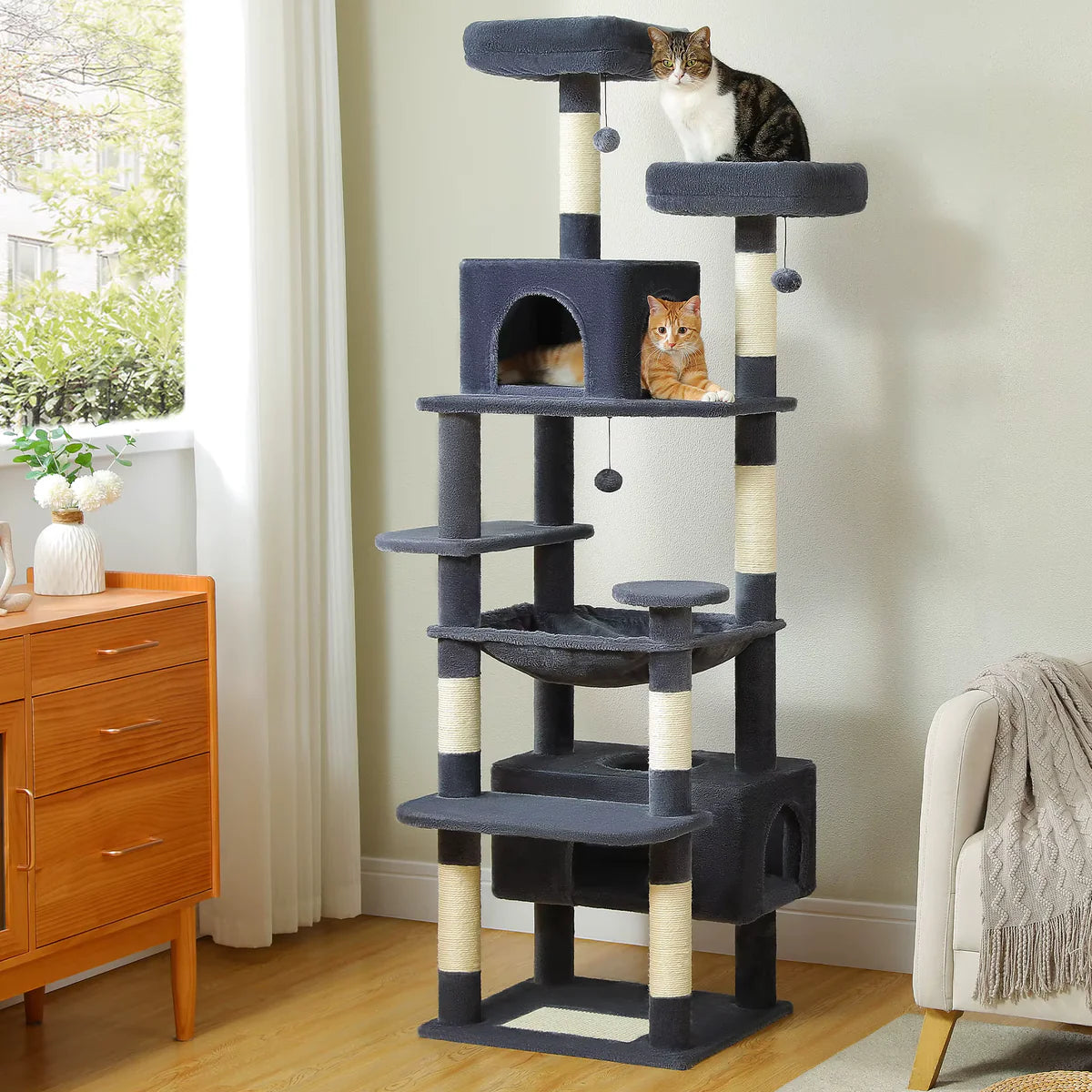 Arbre à Chat XXL Multi-Niveaux – Condo & Hamac – 136 à 184 cm