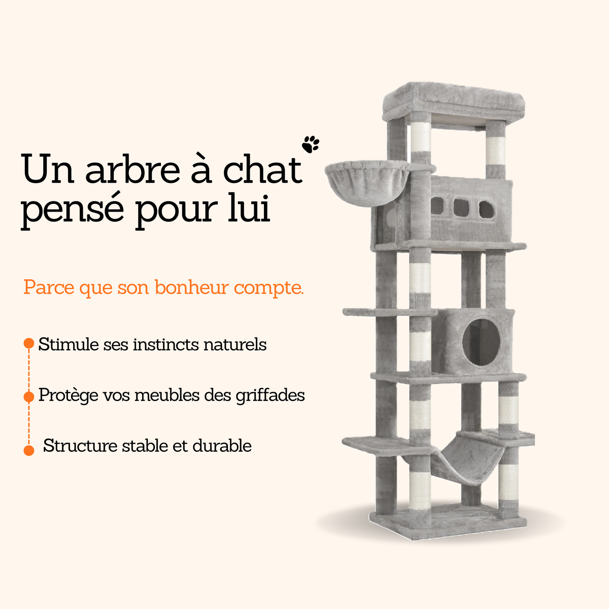 arbre à chat multi niveaux 170 cm avec plateformes niches et hamac