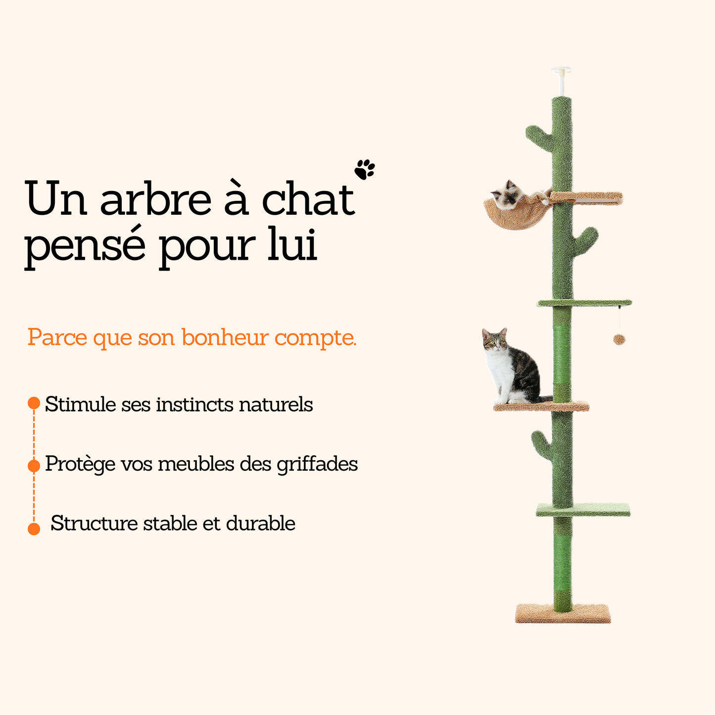arbre à chat design cactus avec 5 niveaux et panier suspendu