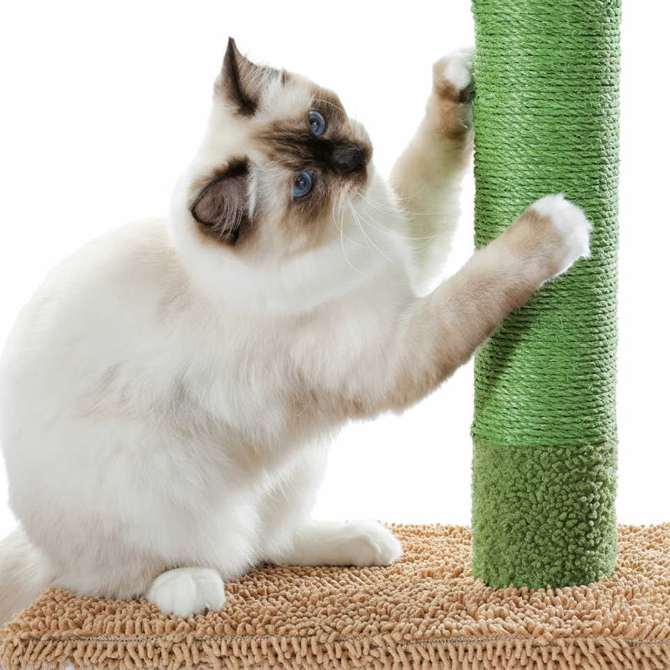 chat faisant ses griffes sur arbre à chat cactus avec poteaux sisal