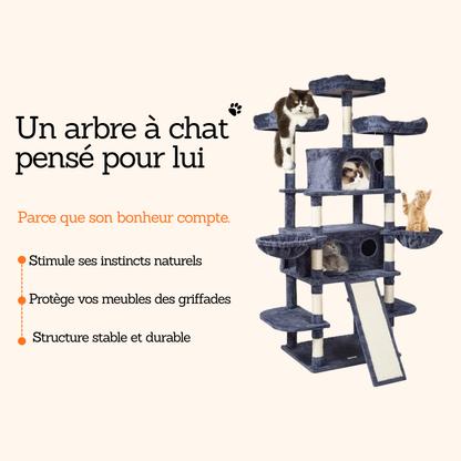 arbre à chat XXL gris foncé avec niches hamac et plateformes confortables