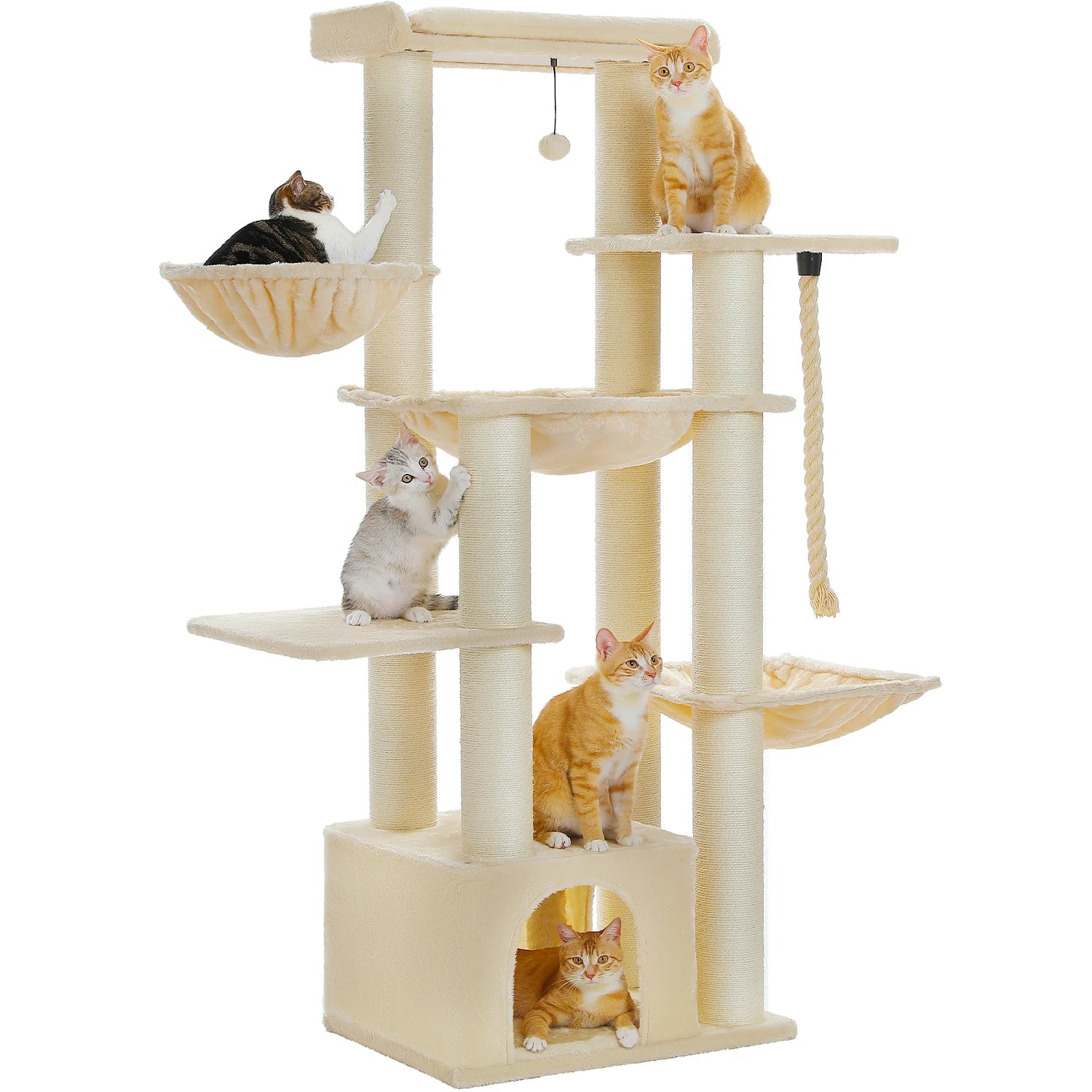 arbre à chat XXL 170 cm beige avec poteaux griffoirs et niche