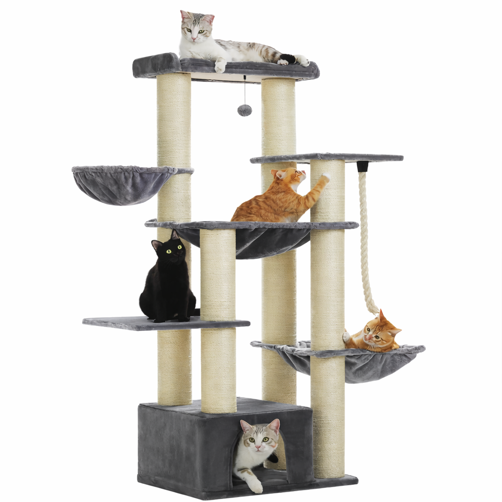 arbre à chat XXL 170 cm gris avec plateformes et hamacs