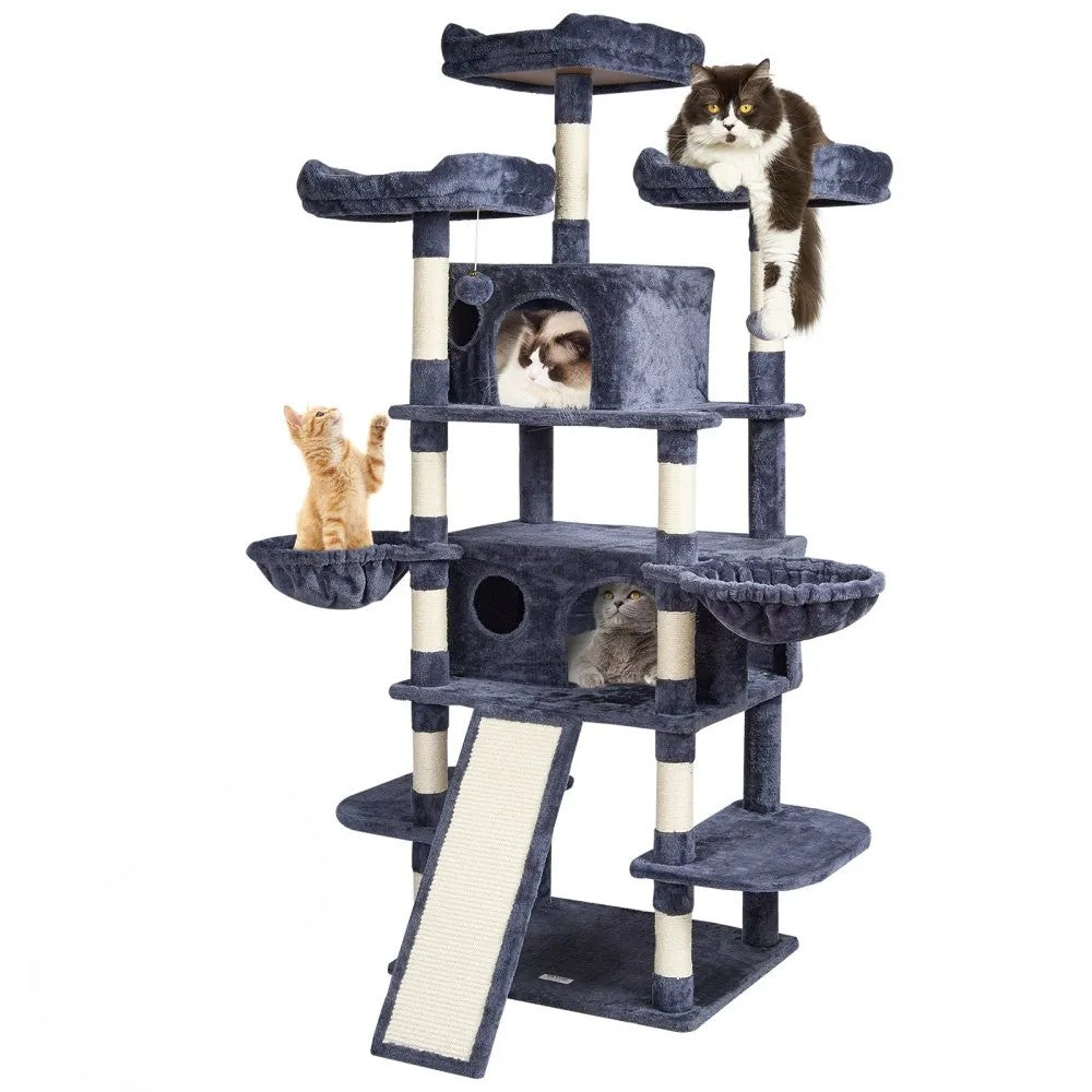 arbre à chat XXL 174 cm gris foncé avec 10 niveaux niches plateformes et hamac