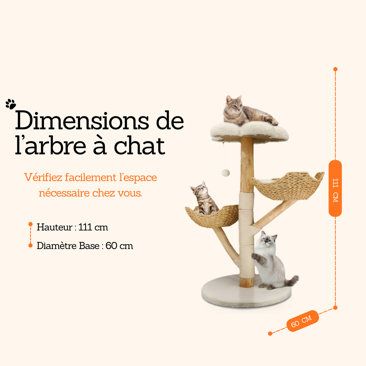 dimensions arbre à chat en bois naturel hauteur 111 cm