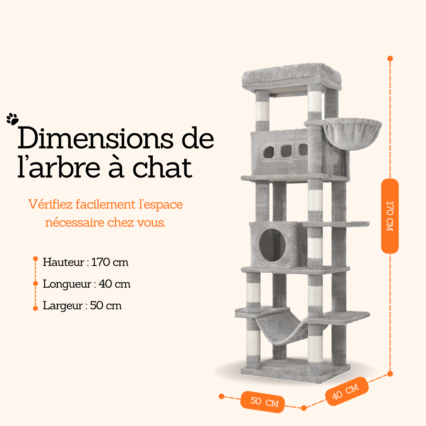 dimensions arbre à chat 170 cm avec double niche et hamac