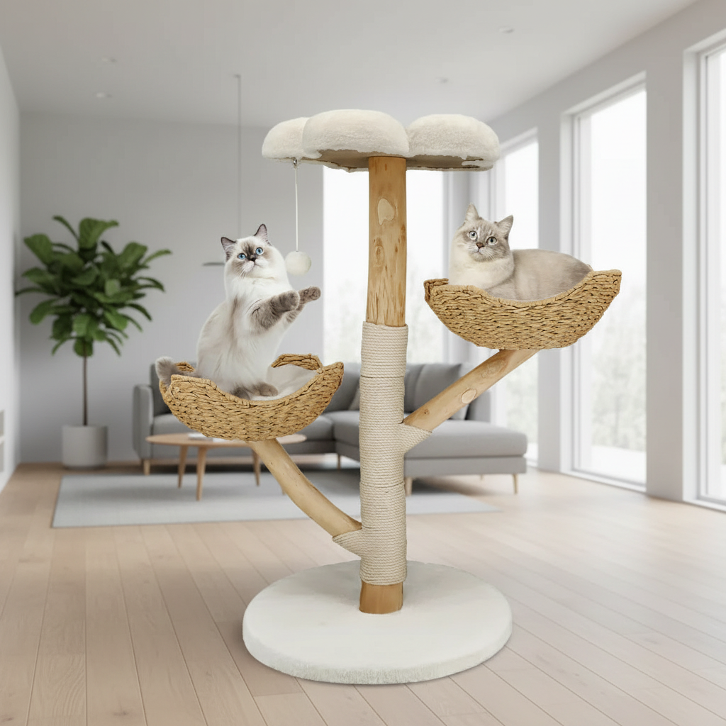 Arbre à Chat en Bois – 111 cm – Osier & Sisal